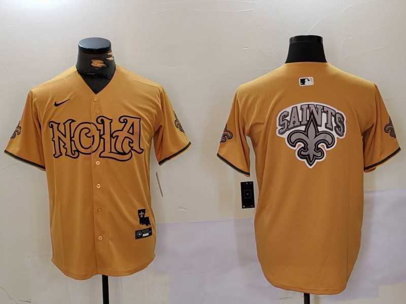 Men%27s New Orleans Saints Team Big Logo Gold Cool Base Stitched Baseball Jersey->new york giants->NFL Jersey